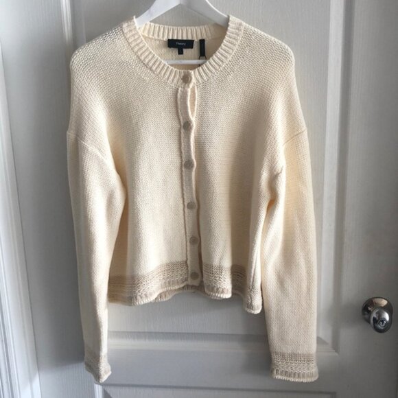 THEORY Mercer Crewneck Cardigan Ecru Cream Relaxed Cotton Blend Button Down - Picture 5 of 13